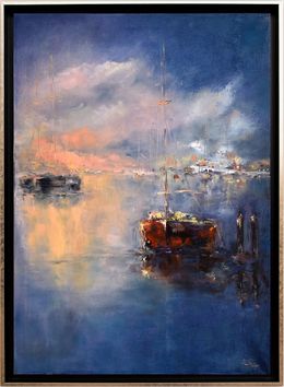 Gemälde, Sailboats at nightfall. Seascape original painting, Oxana Shimanchuk