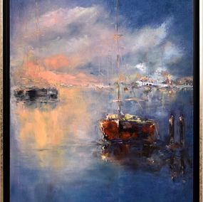 Gemälde, Sailboats at nightfall. Seascape original painting, Oxana Shimanchuk