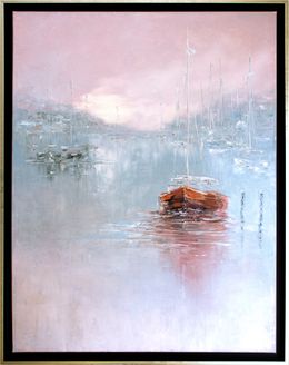 Gemälde, Sailboats in the misty dawn II. Seascape original painting, Oxana Shimanchuk