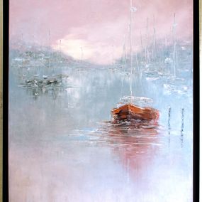 Gemälde, Sailboats in the misty dawn II. Seascape original painting, Oxana Shimanchuk