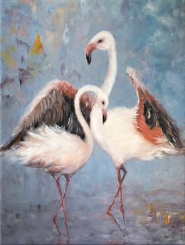 Gemälde, Flamingos in the saltpans of Aveiro. Seascape original painting, Oxana Shimanchuk