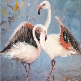 Gemälde, Flamingos in the saltpans of Aveiro. Seascape original painting, Oxana Shimanchuk