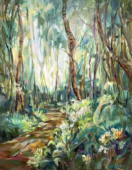 Painting, Alone with oneself. Vibrant green abstract nature painting, Momalyu Liubov Kriuchkova