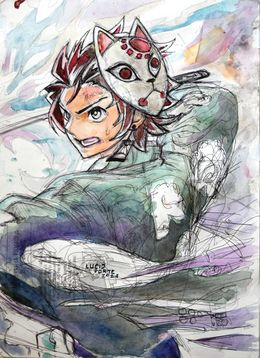 Fine Art Drawings, Watercolor interpretation of Tanjiro, Lucio Forte