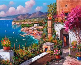 Gemälde, Flowery house on the coast - Sorrento (Italy), Gio Sannino