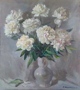 Peinture, White peonies on a silver background, Mishurovsky Victor