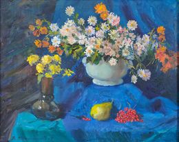 Gemälde, Chrysanthemums on a blue background, Mishurovsky Victor