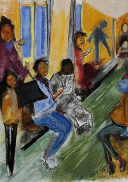 Painting, Bleu dans le wagon du métro série Paris Urbain, Eric Delmare