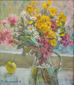 Painting, Autumn flowers on the windowsill, Mishurovsky Victor