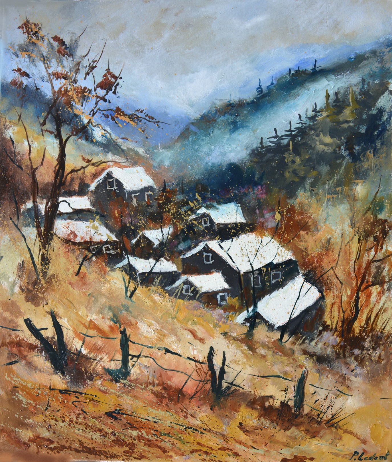 Pol Ledent, Mountain village in the snow Pol Ledent, Mountain village in the snow