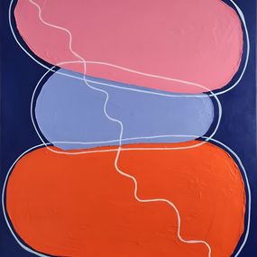 Gemälde, Zen Minimalism. Orange, Purple and Pink Stones in Ultramarine Blue Water, Vafa Majidli