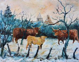 Painting, Vaches salers dans la neige, Pol Ledent