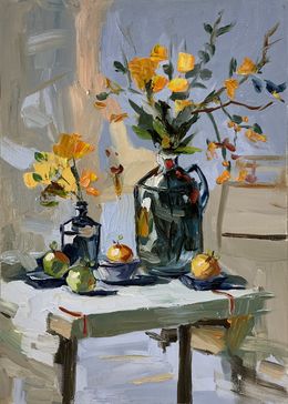 Gemälde, Yellow flowers in a black vase, Schagen Vita