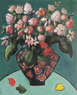 Gemälde, Fleurs et citron - Série Bouquets imaginaires, Sophie Gardin