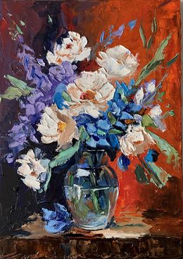 Peinture, Bouquet of White flowers in a blue vase on red. Still life, Schagen Vita