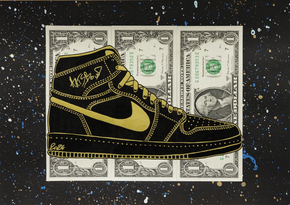 Artsboud, AirBouD Black/Gold - série sneakers Air Jordan sur billets de 1 dollar Artsboud, AirBouD Black/Gold - série sneakers Air Jordan sur billets de 1 dollar