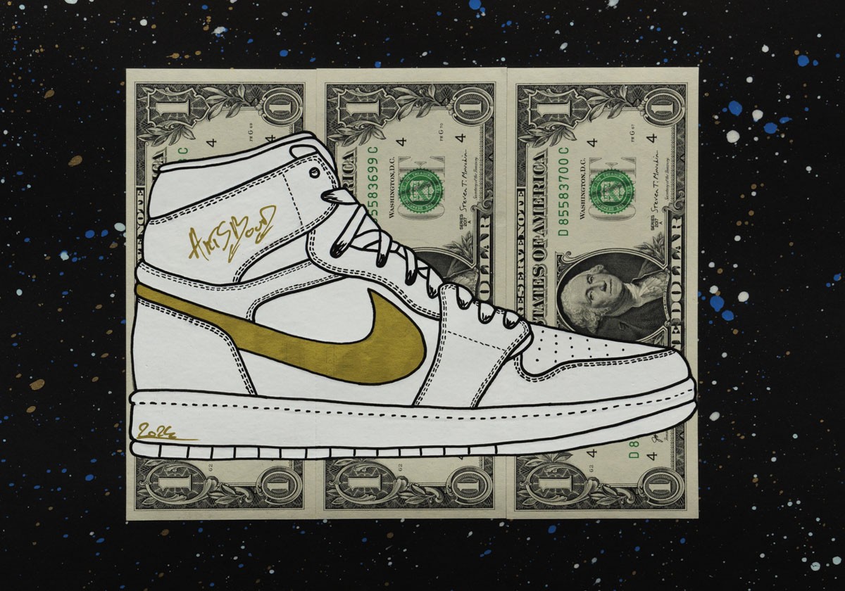 Artsboud, AirBouD White/Gold - série sneakers Air Jordan sur billets de 1 dollar Artsboud, AirBouD White/Gold - série sneakers Air Jordan sur billets de 1 dollar