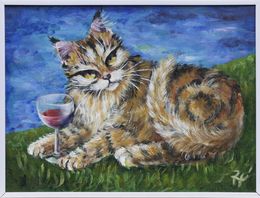 Gemälde, Cela est mon verre de vin - série représentation félins, Brigitte Haler