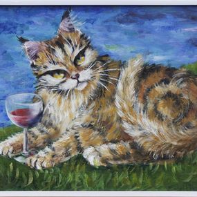 Gemälde, Cela est mon verre de vin - série représentation félins, Brigitte Haler