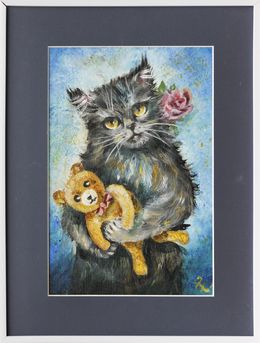 Gemälde, Black cat with rose - série représentation félins, Brigitte Haler