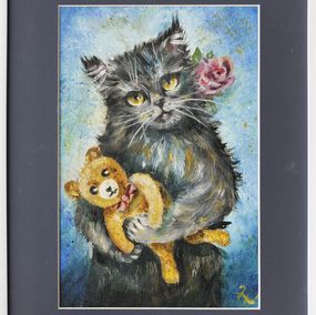 Gemälde, Black cat with rose - série représentation félins, Brigitte Haler