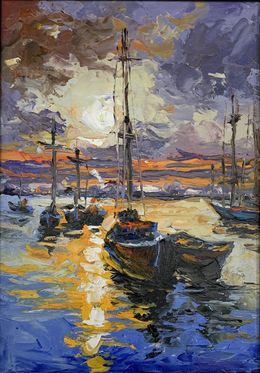 Gemälde, Golden Sunset Hour Harbor with yachts, Schagen Vita