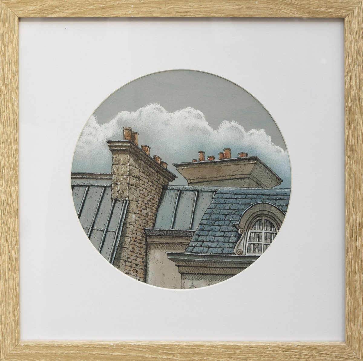 Eddy Josse, Toits fenêtre ronde - paysage figuratif toits urbains Eddy Josse, Toits fenêtre ronde - paysage figuratif toits urbains