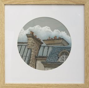 Gemälde, Toits fenêtre ronde - paysage figuratif toits urbains, Eddy Josse