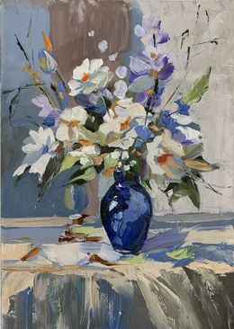 Peinture, White flowers in a blue vase, Schagen Vita