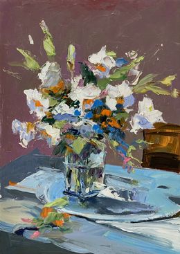 Gemälde, White flowers in a glass vase, Schagen Vita