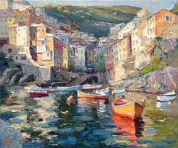 Peinture, City at the pier. Riomaggiore, Evgeny Chernyakovsky