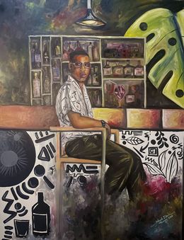 Peinture, Reflection at the Bar -21st Century, Contemporary, Figurative, Men Entertainment, Odesola Idowu
