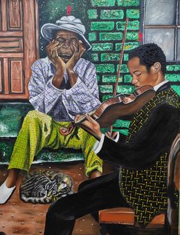 Painting, Absence of Noise, Solace in Music - 21st Century, Contemporary, Figurative, Cat, Olaosun Oluwapelumi