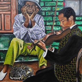 Gemälde, Absence of Noise, Solace in Music - 21st Century, Contemporary, Figurative, Cat, Olaosun Oluwapelumi