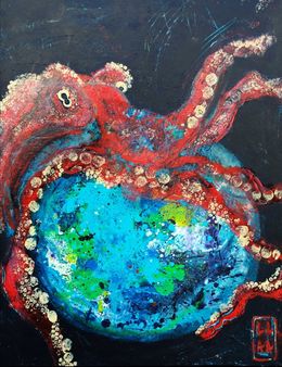 Painting, Kraken poulpe pieuvre monde universe monstre red earth ecologie, Adélaïde Leferme