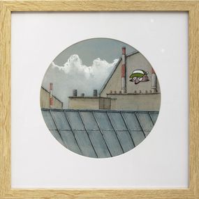 Gemälde, Toits cheminées blanches/rouges + tag - paysage figuratif toits urbains, Eddy Josse