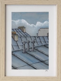 Gemälde, Trois conduits - paysage figuratif toits urbains, Eddy Josse