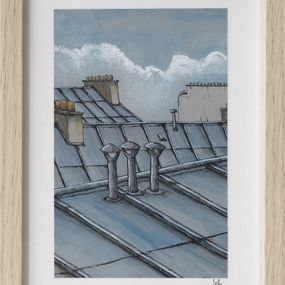 Gemälde, Trois conduits - paysage figuratif toits urbains, Eddy Josse