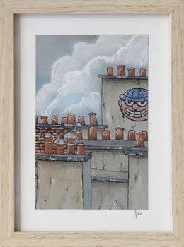 Gemälde, Tag souriant - paysage figuratif toits urbains, Eddy Josse