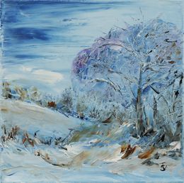 Gemälde, L'arbre bleu - Paysage hivernal semi figuratif, Suzanne Vaucelles