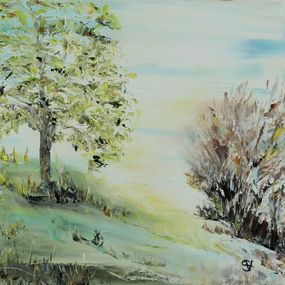 Gemälde, Verdure printanière - Paysage valloné semi figuratif, Suzanne Vaucelles