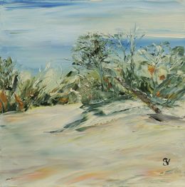 Peinture, L'arbre penché vers la neige - Paysage enneigé semi figuratif, Suzanne Vaucelles