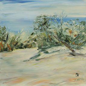 Gemälde, L'arbre penché vers la neige - Paysage enneigé semi figuratif, Suzanne Vaucelles
