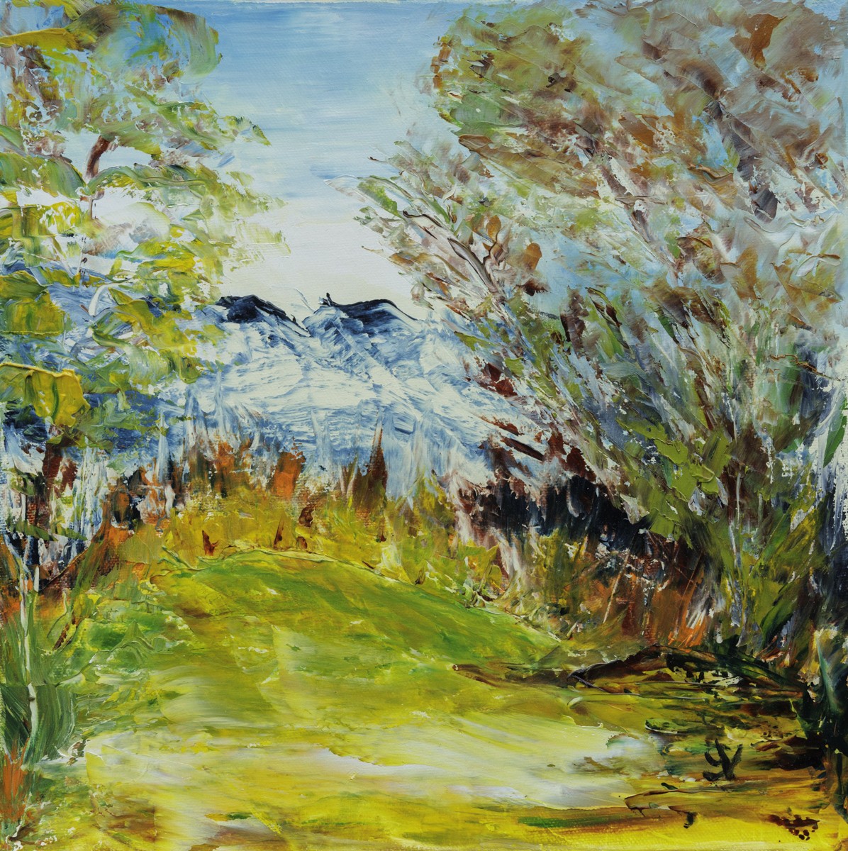 Suzanne Vaucelles, Ballade en alpage - Paysage montagneux semi figuratif Suzanne Vaucelles, Ballade en alpage - Paysage montagneux semi figuratif