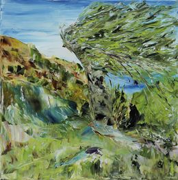 Peinture, L'arbre dans la tempête - Paysage mouvementé semi abstrait, Suzanne Vaucelles