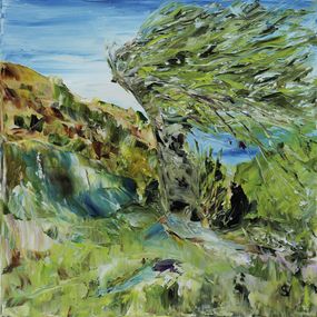 Gemälde, L'arbre dans la tempête - Paysage mouvementé semi abstrait, Suzanne Vaucelles