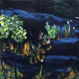 Peinture, L'étang le soir - Paysage nocturne semi figuratif, Suzanne Vaucelles