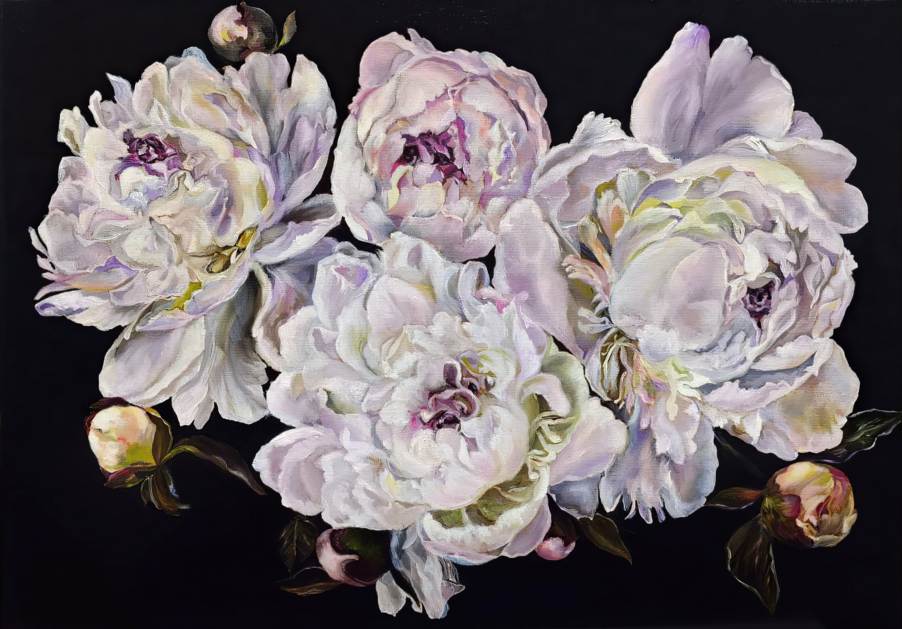 Lilya Volskaya, Purple lace of white peonies - realistic still life Lilya Volskaya, Purple lace of white peonies - realistic still life