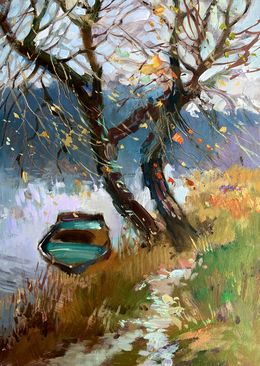 Gemälde, A boat near two bare trees, Suprunchuk Yuriy