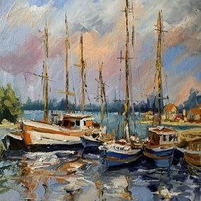 Peinture, Sunset in harbor with yachts, Schagen Vita